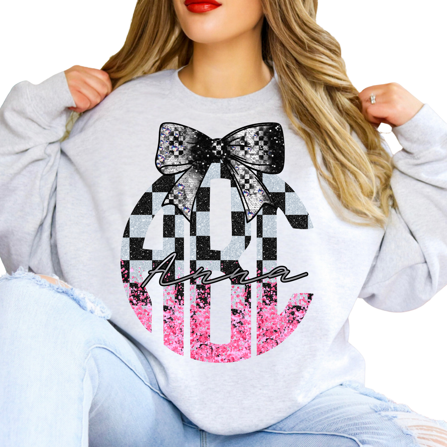 White & Pink Checkered Racing - Custom Monogram Transfer