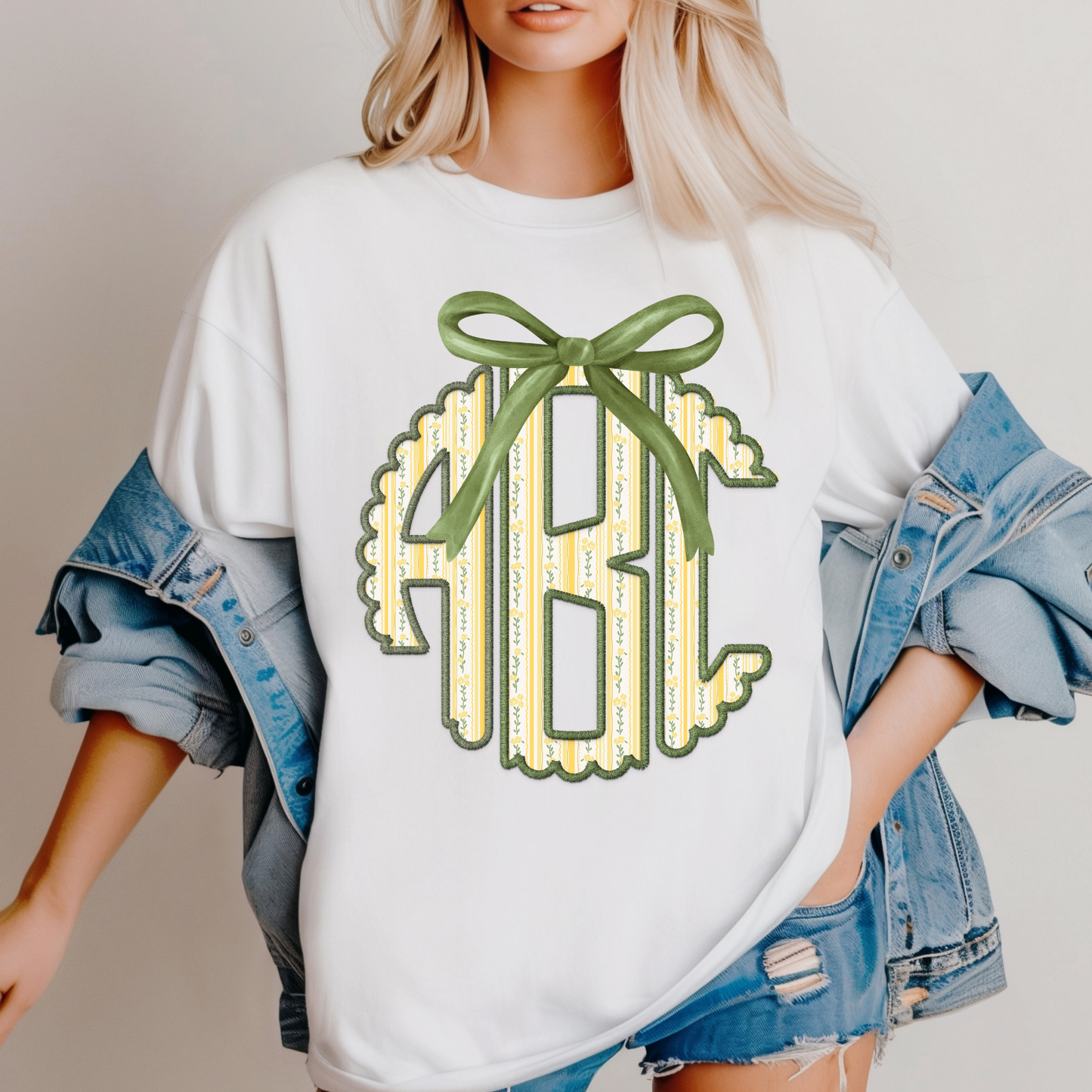 Cottagecore Yellow & Green Striped Floral - Custom Monogram Transfer