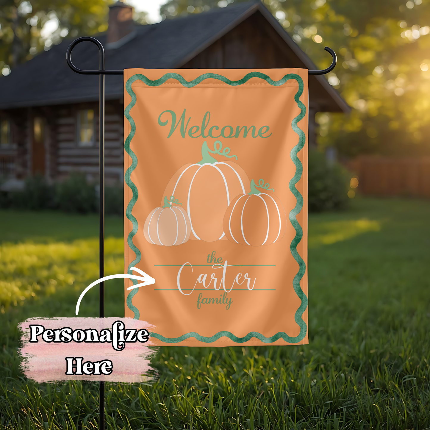 Welcome Pumpkin Scalloped Flag - 12x18 Inches - ‼️Fully Customizable Transfer‼️
