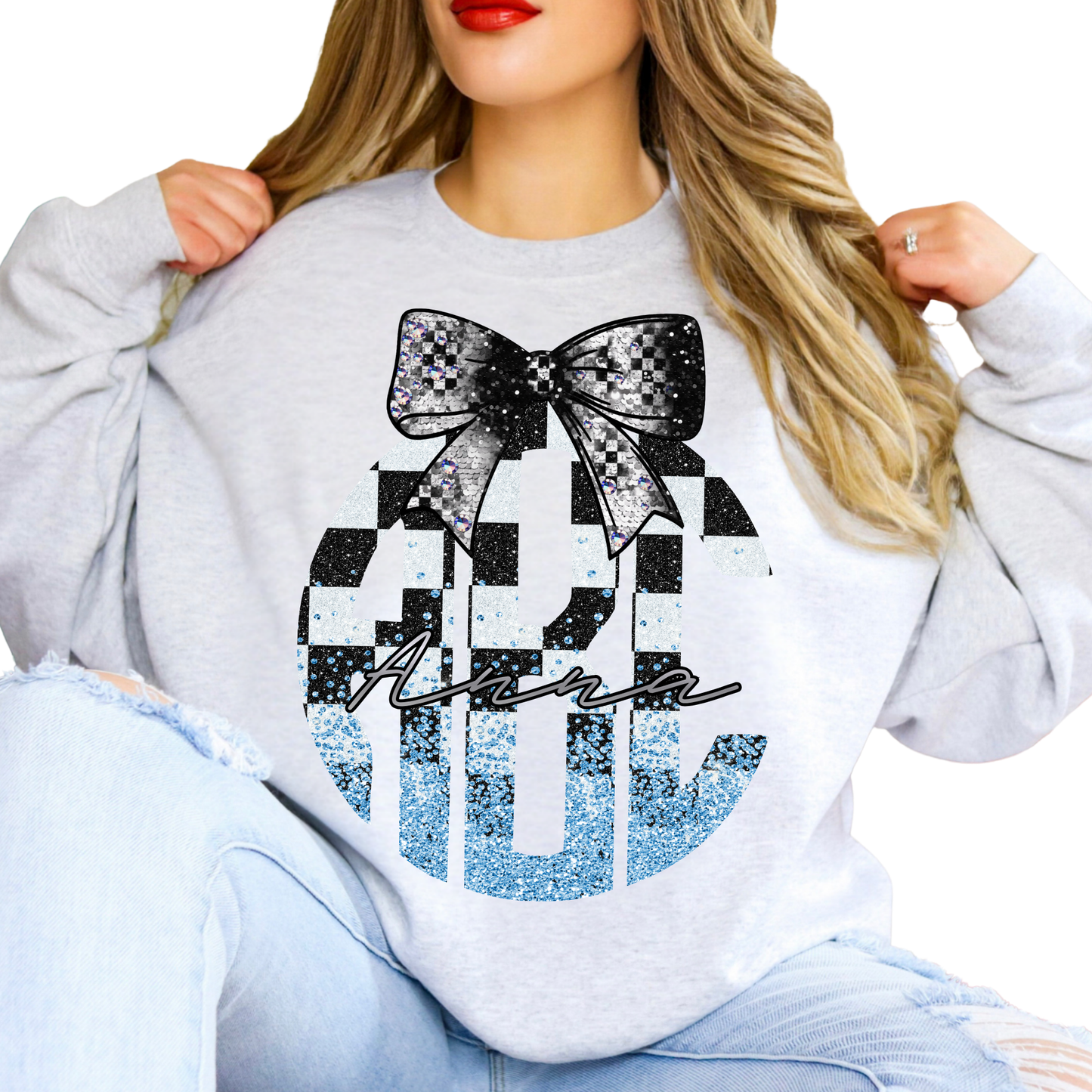 White & Blue Checkered Racing - Custom Monogram Transfer
