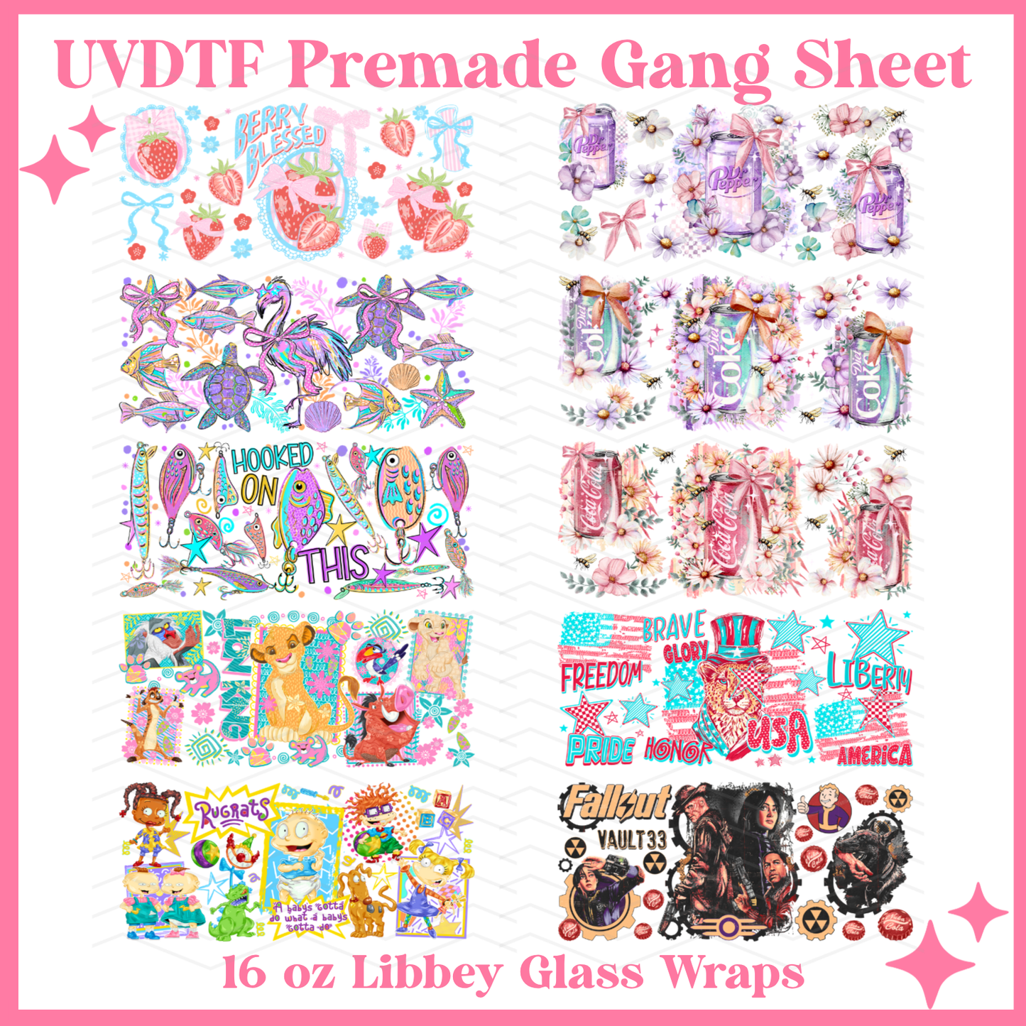 Hooked Misc. 16oz Libbey Glass Wraps - 22x24 - UVDTF PREMADE GANG SHEET