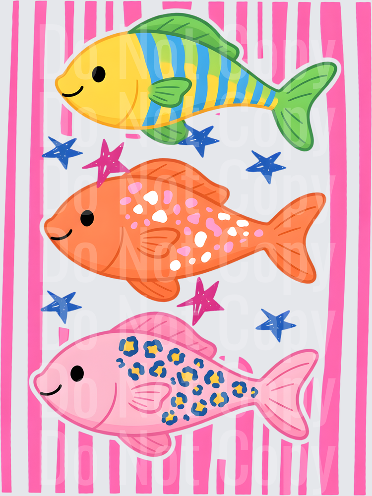 Three Colorful Tropical Fish with Stars on Pink Stripes (DTF)