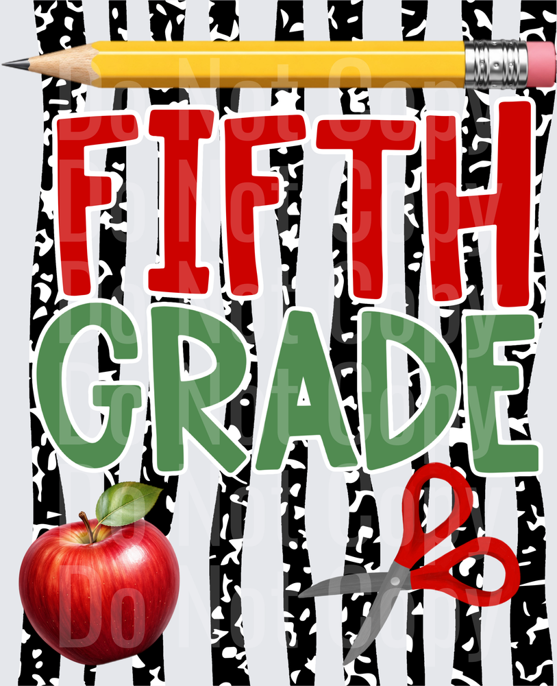 Fifth Grade School Pencil Apple Scissors Bold Design (DTF)