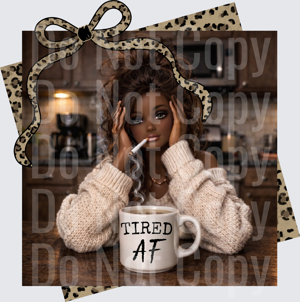 Tired AF Coffee Mug Woman with Leopard Print Bow Frame (DTF)