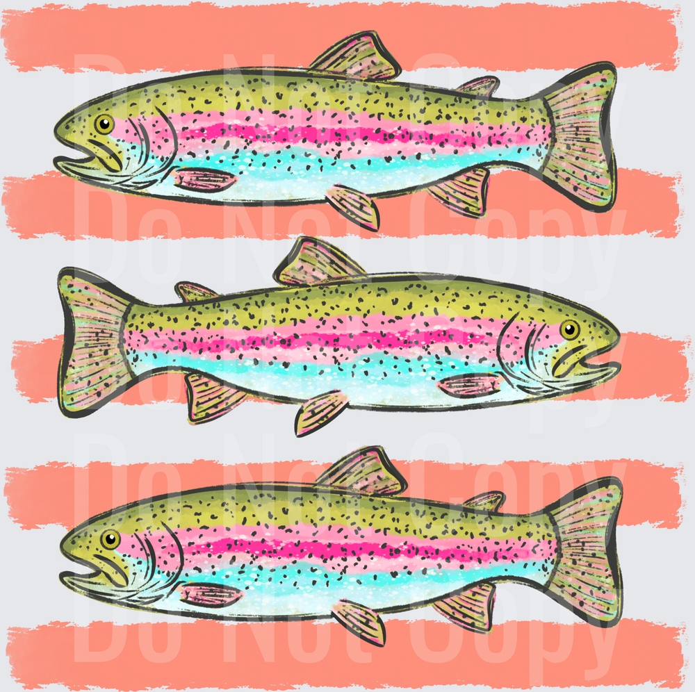 Rainbow Trout Fish Trio with Coral Stripes (DTF)