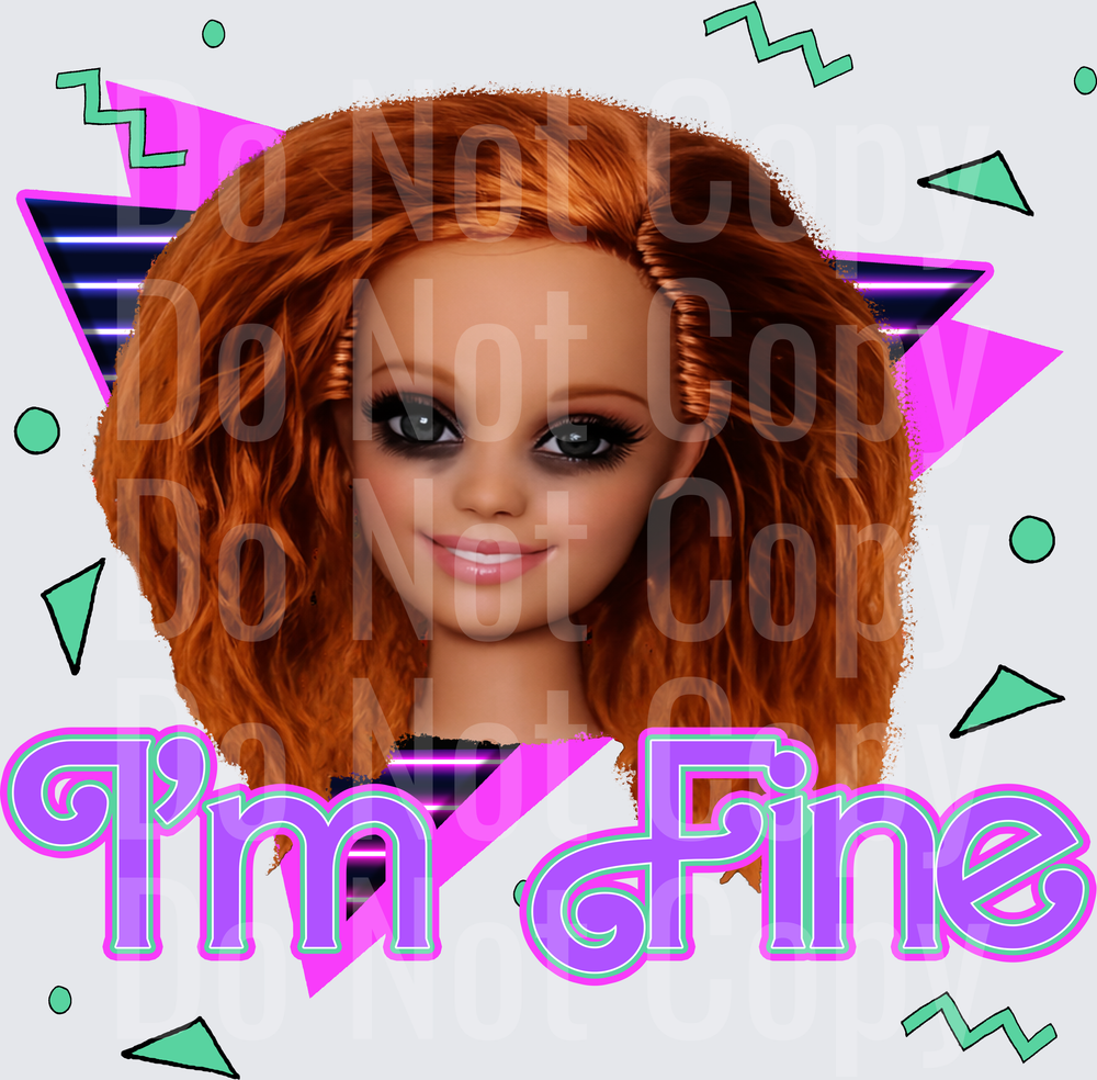 Retro 80s Style Doll with Auburn Hair and Geometric Shapes (DTF)