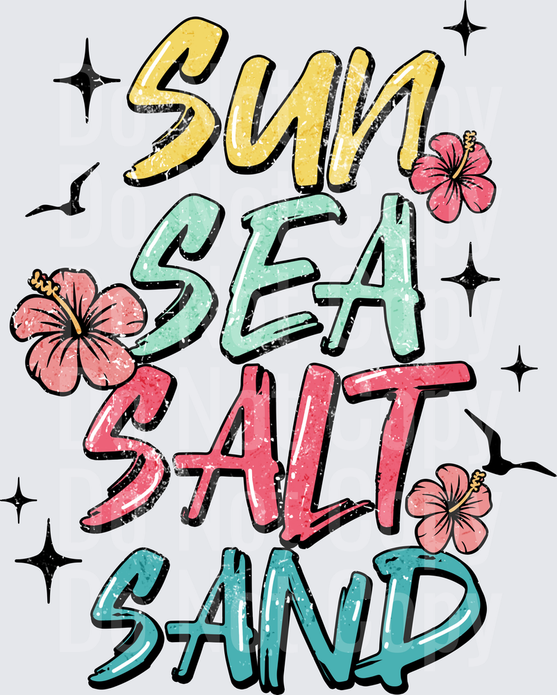 Sun Sea Salt Sand Beach Vibes with Hibiscus Flowers and Stars (DTF)