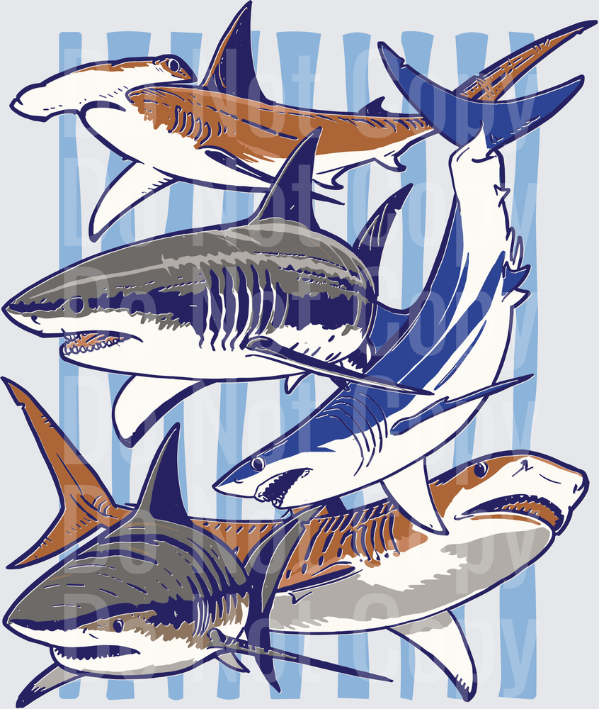 Five Predator Sharks Swimming Blue Striped Background (DTF)