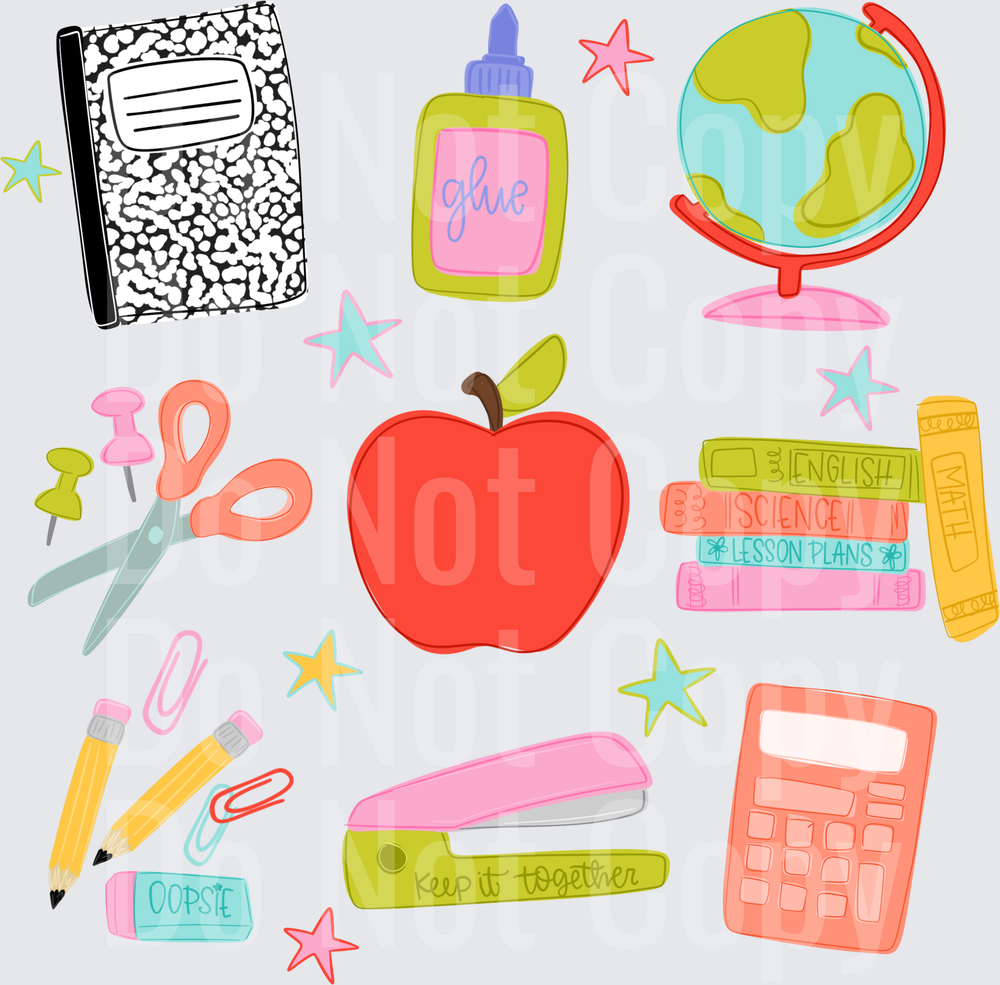 Colorful Back to School Supplies Collage with Apple (DTF)