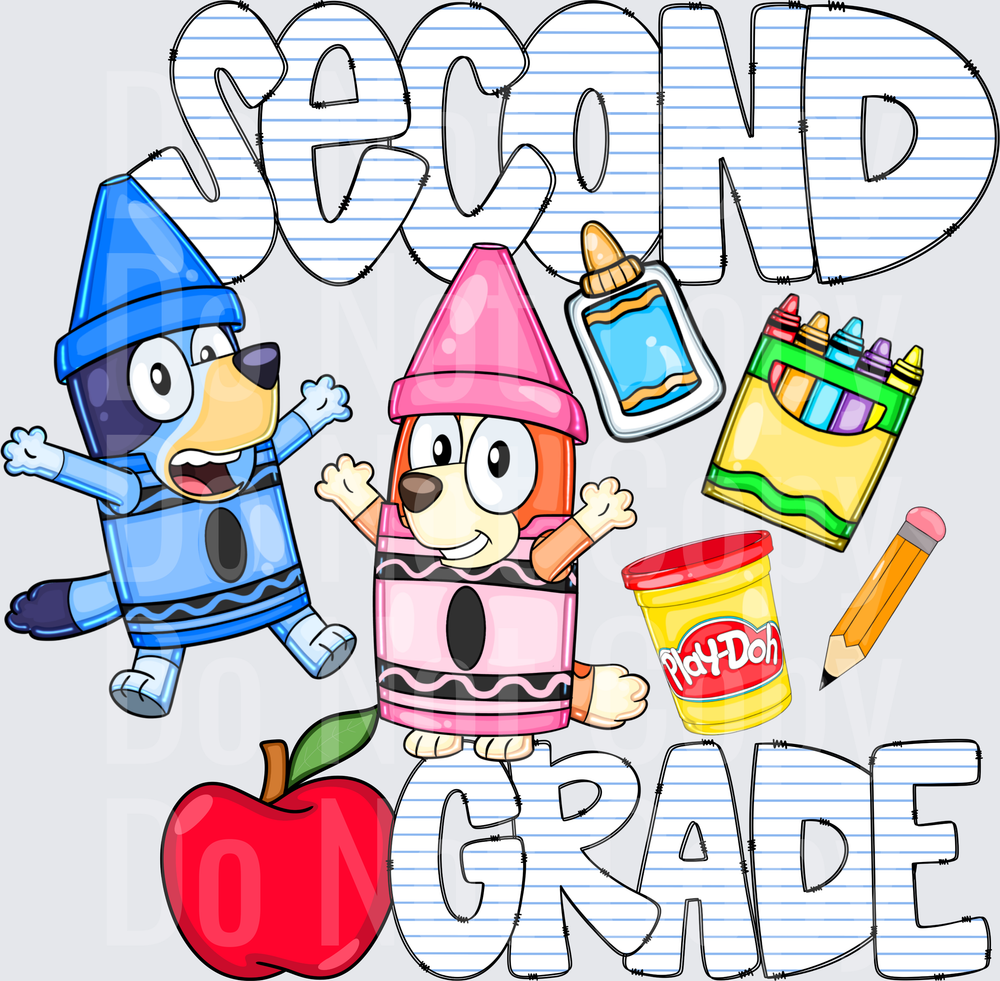 Second Grade Blue and Pink Cartoon Dogs in Crayon Costumes (DTF)