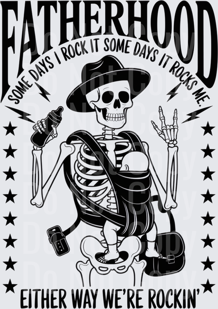 Skeleton Dad with Baby Carrier Rock Hand Sign Fatherhood Quote (DTF)