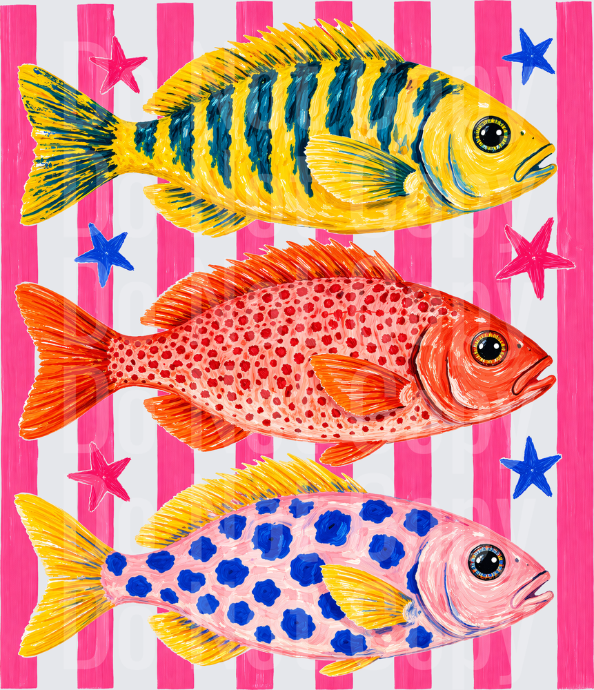 Three Colorful Fish with Stars on Pink and White Stripes (DTF)