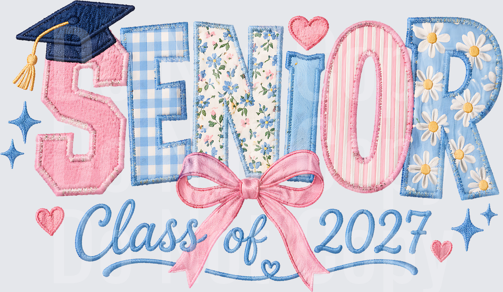 Senior Class of 2027 Graduation Cap Pink Bow Floral Letters (DTF)