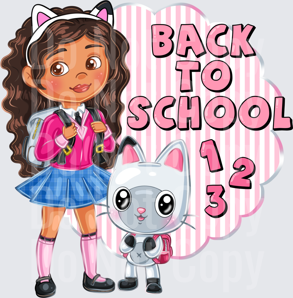 Curly Hair Girl with Cat Back To School 1 2 3 (DTF)