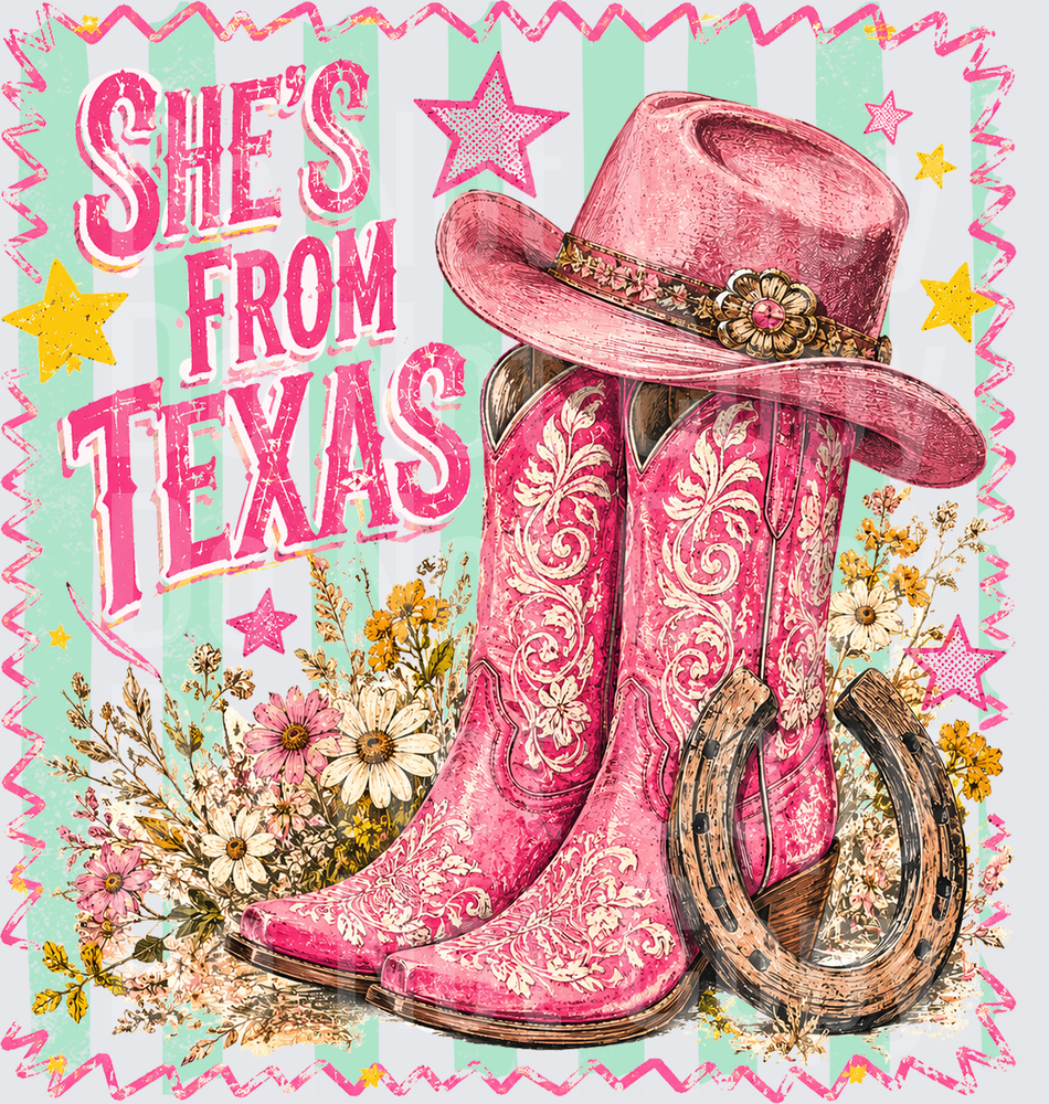 She's From Texas Pink Cowgirl Boots Hat Floral Design (DTF)