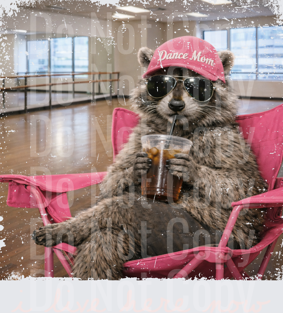 Cool Raccoon Dance Mom in Pink Hat Drinking Coffee in Studio (DTF)