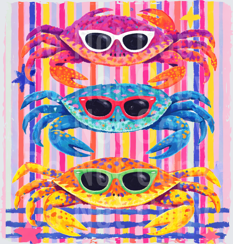 Three Cool Crabs Wearing Sunglasses on Colorful Stripes (DTF)
