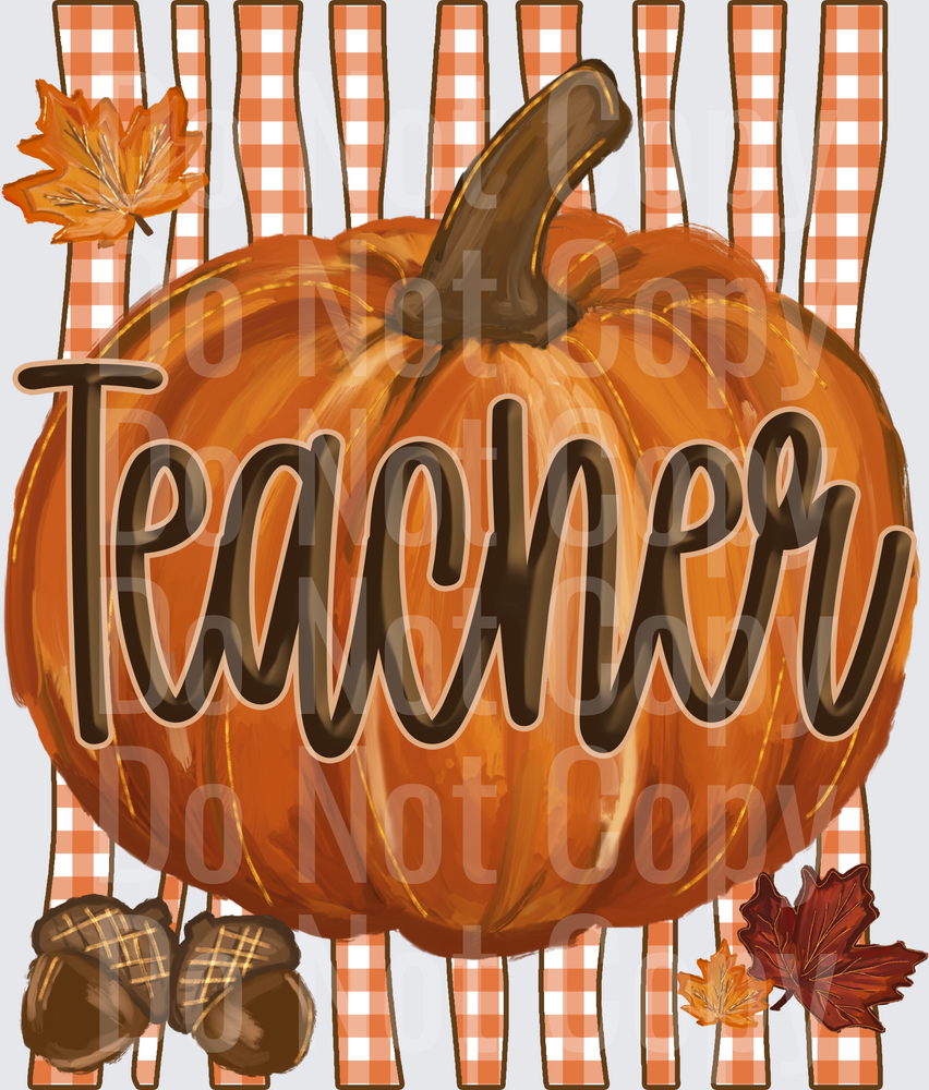 Fall Teacher Pumpkin with Plaid Background and Autumn Leaves (DTF)