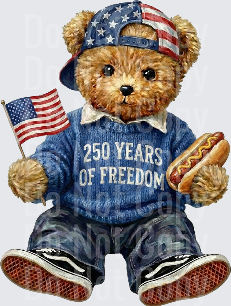 Patriotic Teddy Bear with American Flag Baseball Cap and Hot Dog 250 Years of Freedom (DTF)