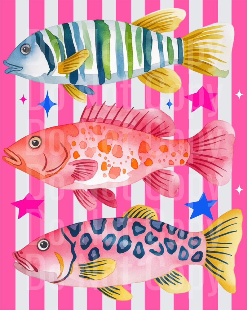 Three Colorful Fish with Stars on Pink and White Stripes (DTF)