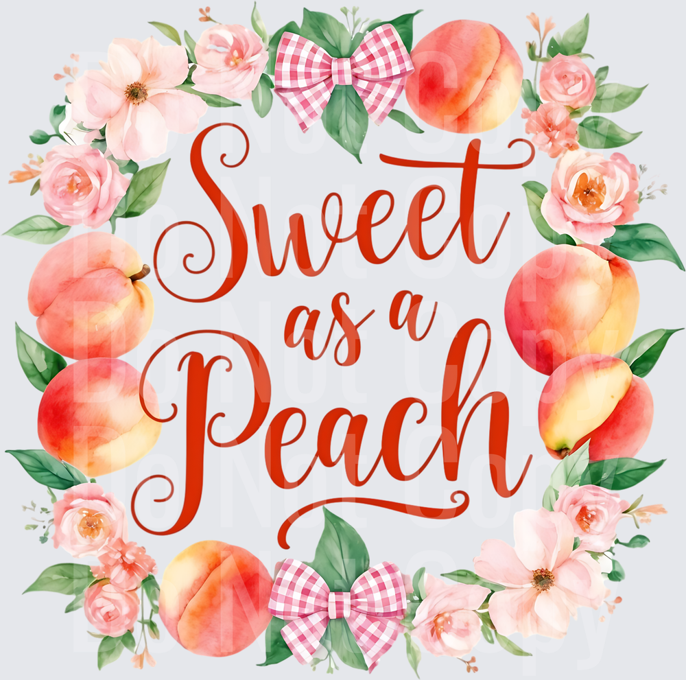 Sweet as a Peach Watercolor Floral Wreath with Pink Gingham Bows (DTF)