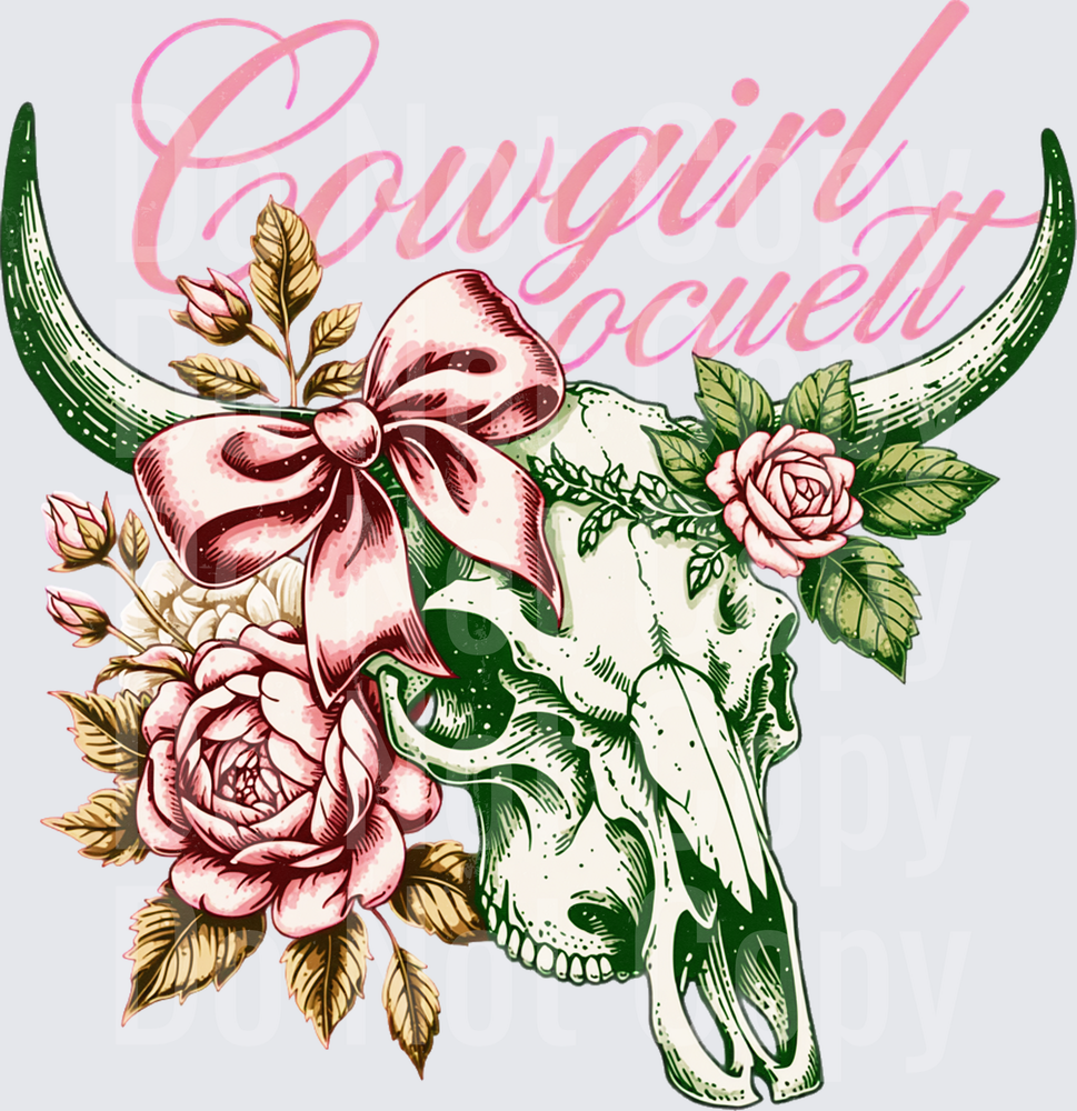 Cowgirl Skull with Pink Roses and Bow Western Design (DTF)