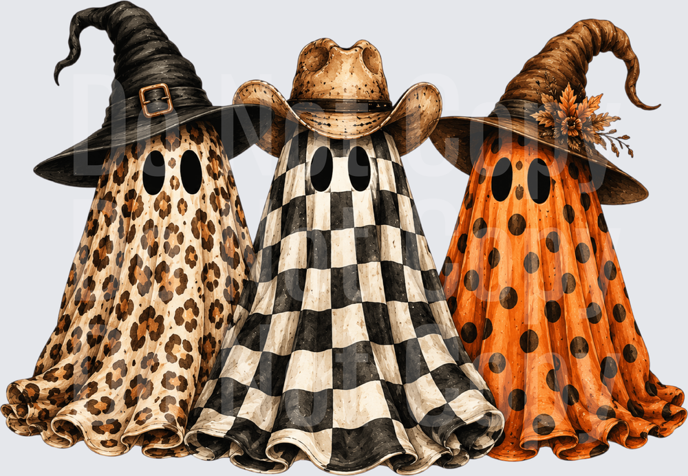 Boho Halloween Ghost Trio Leopard Checkered Polka Dot (DTF)