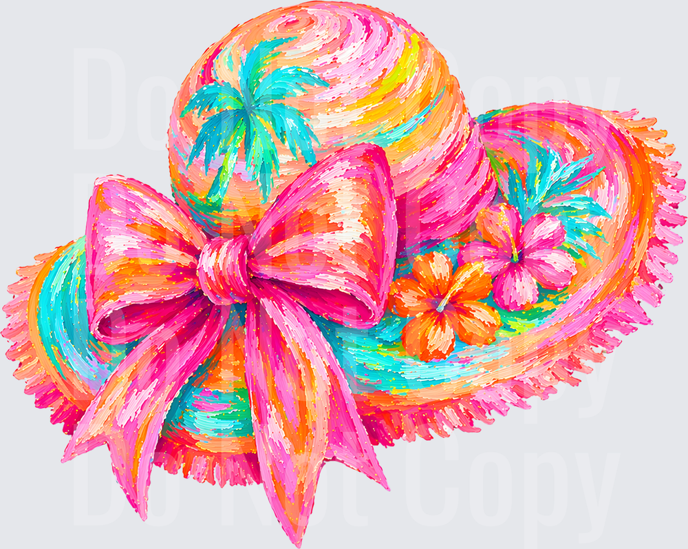 Colorful Summer Hat with Pink Bow and Tropical Flowers (DTF)
