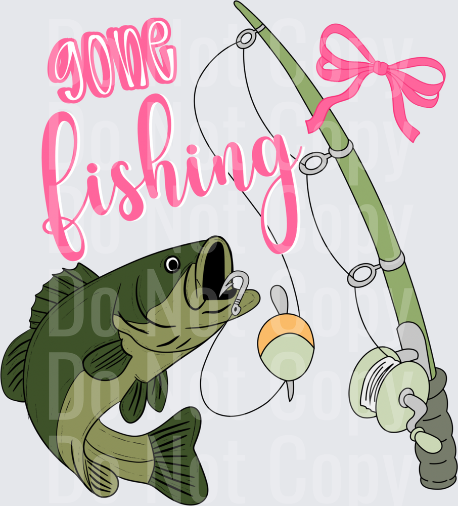 Gone Fishing Bass with Rod and Pink Bow Design (DTF)