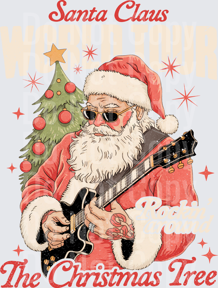 Rock & Roll Santa Playing Guitar World Tour Christmas Tree ( DTF)