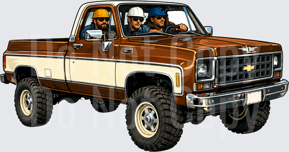 Three Construction Workers in Classic Brown Pickup Truck (DTF)
