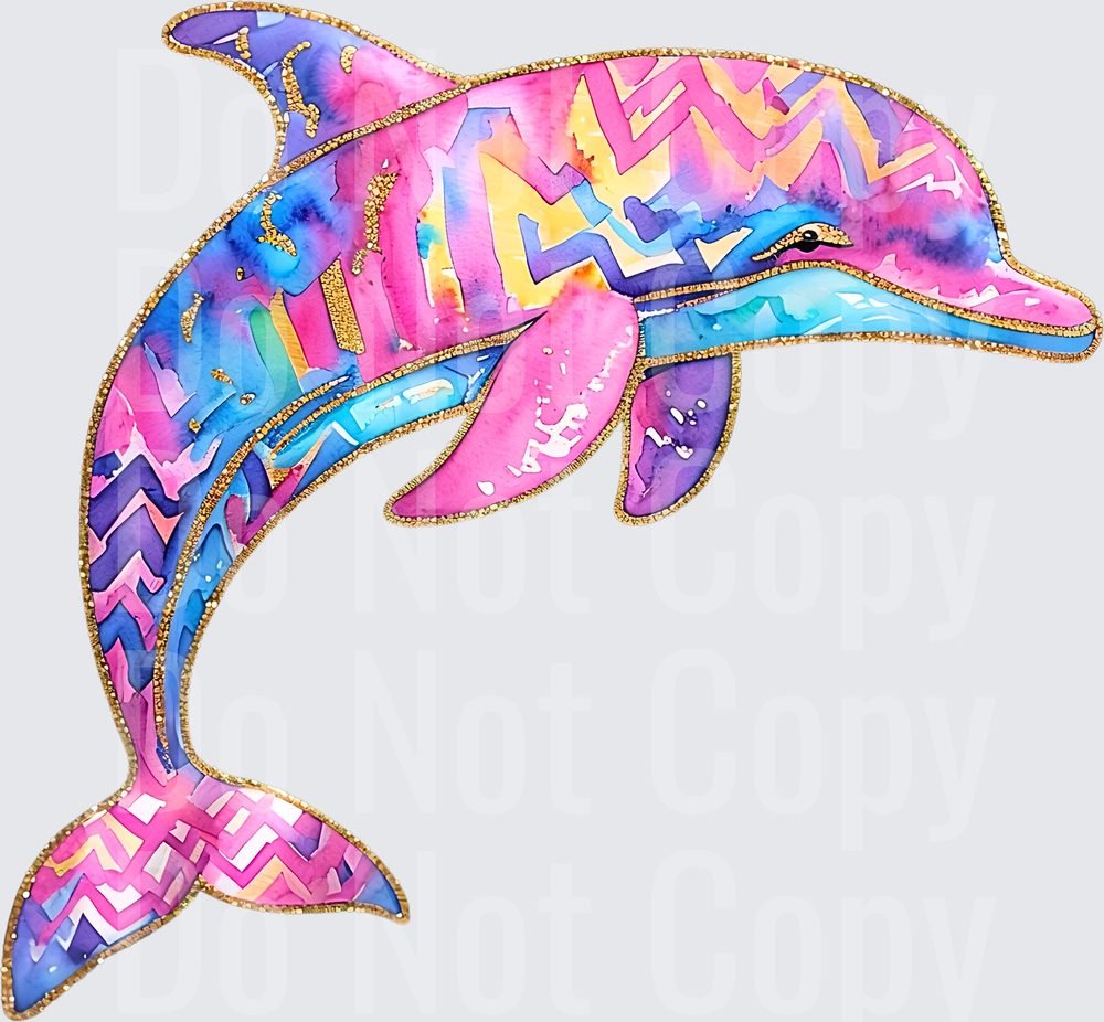 Colorful Watercolor Dolphin with Gold Glitter Outline and Chevron Pattern (DTF)
