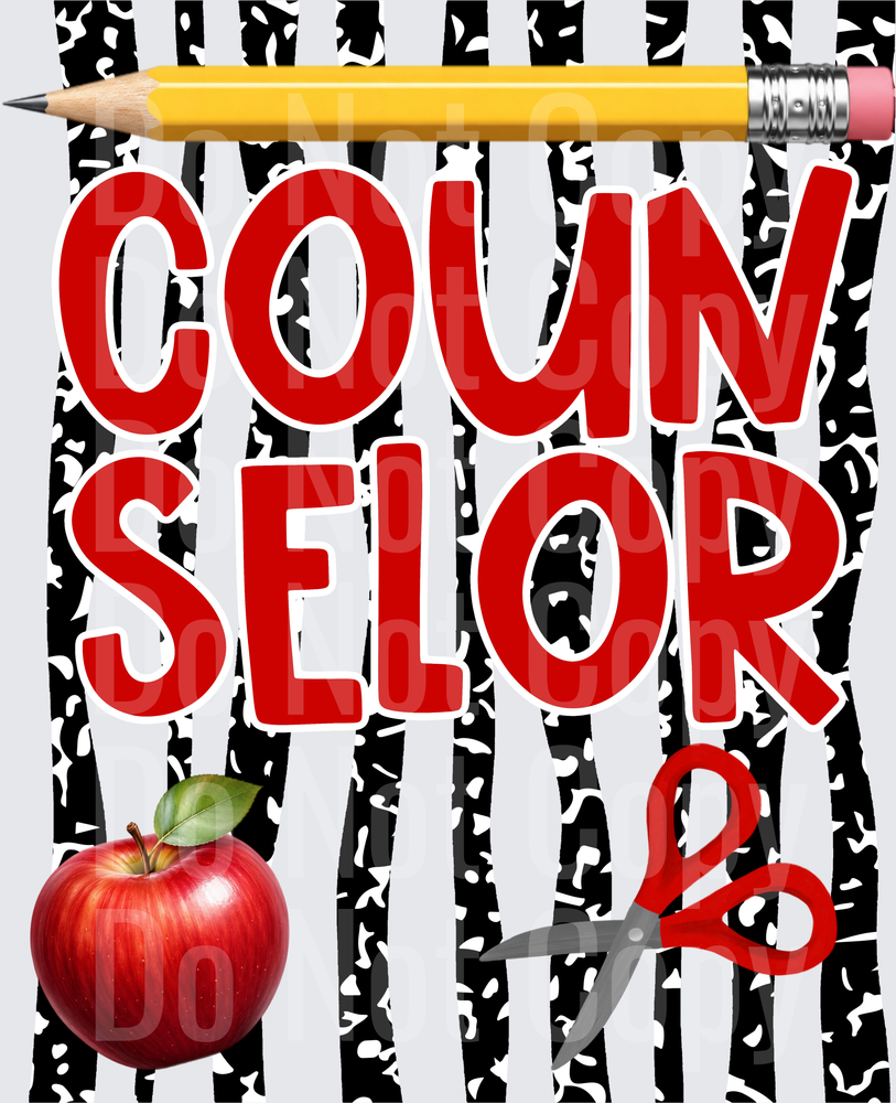 Counselor Bold Red Text Pencil Apple Scissors Black White Stripe ( DTF)