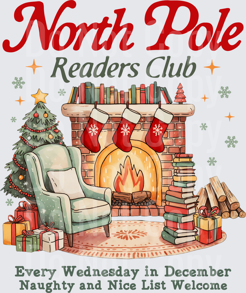 North Pole Readers Club Cozy Christmas Fireplace Scene (DTF)