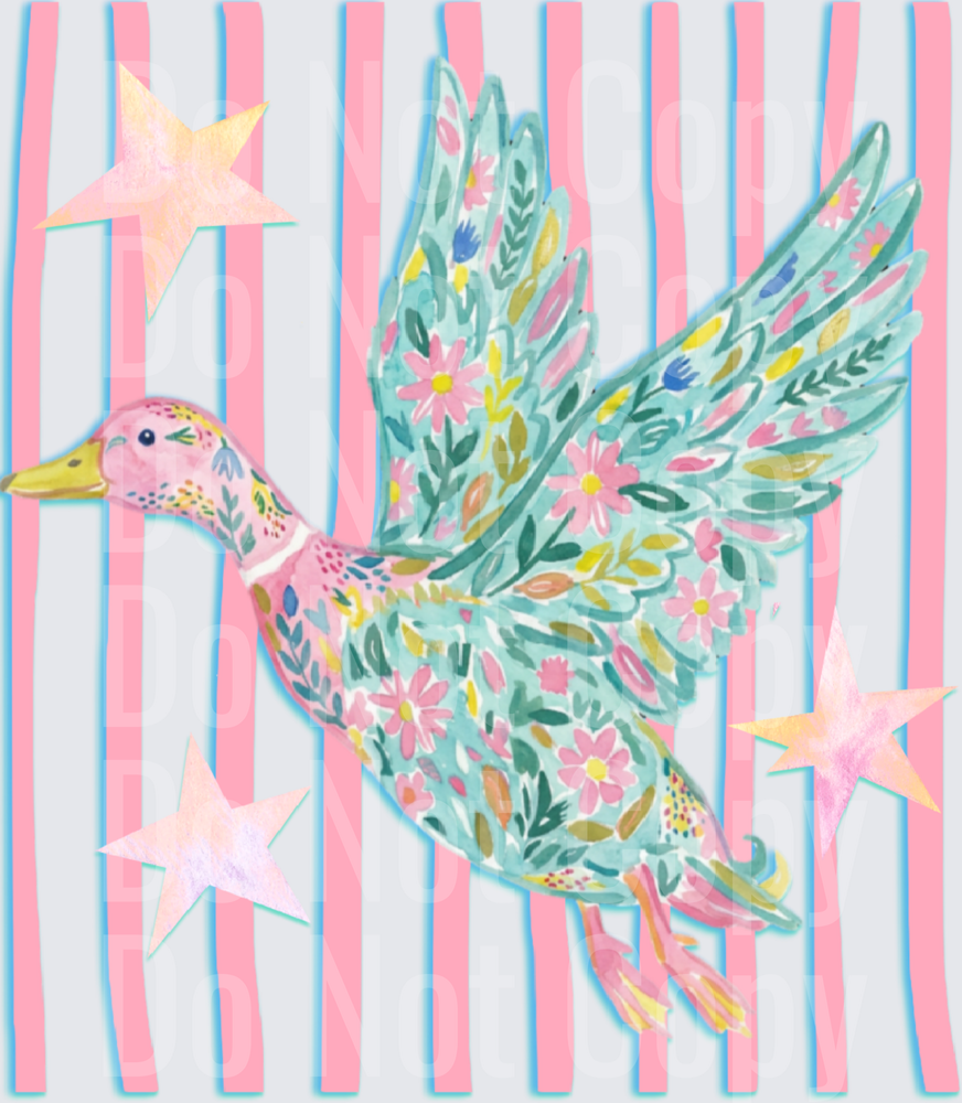 Floral Folk Art Flying Duck Pink Stripes Stars (DTF)