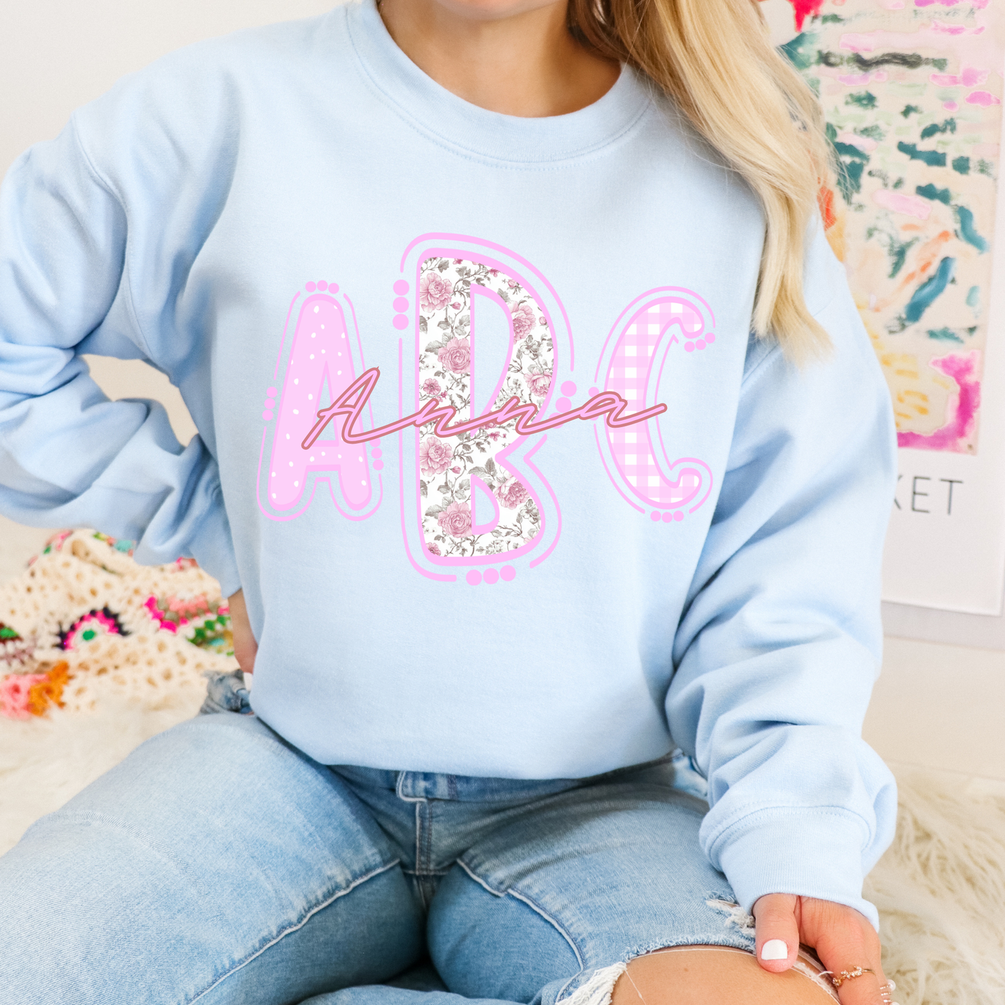 Pink Cottage Floral- Custom Monogram Transfer