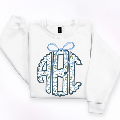 Preppy Blue & Green Floral - Custom Monogram Transfer