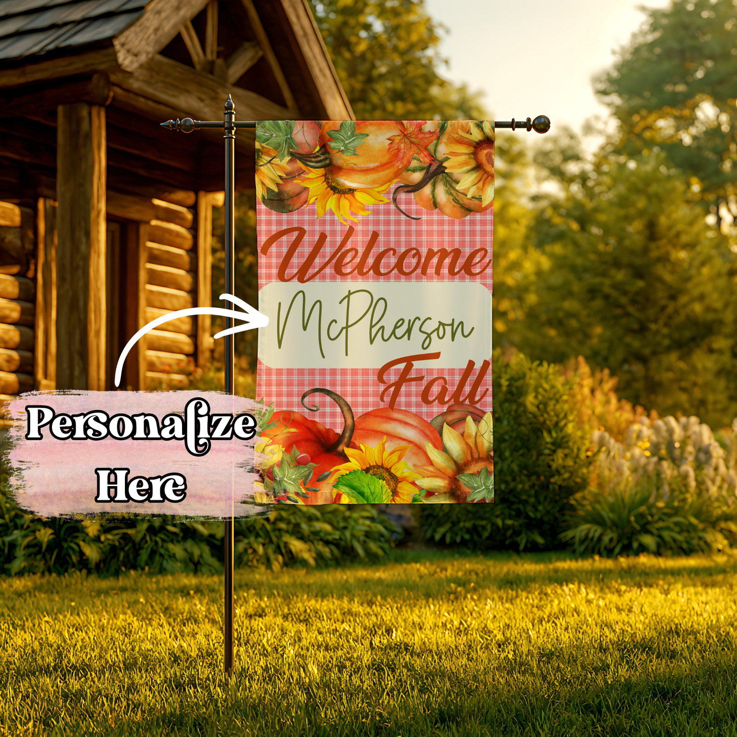 Plaid & Pumpkins Welcome Fall Flag - 12x18 Inches - ‼️Fully Customizable Transfer‼️