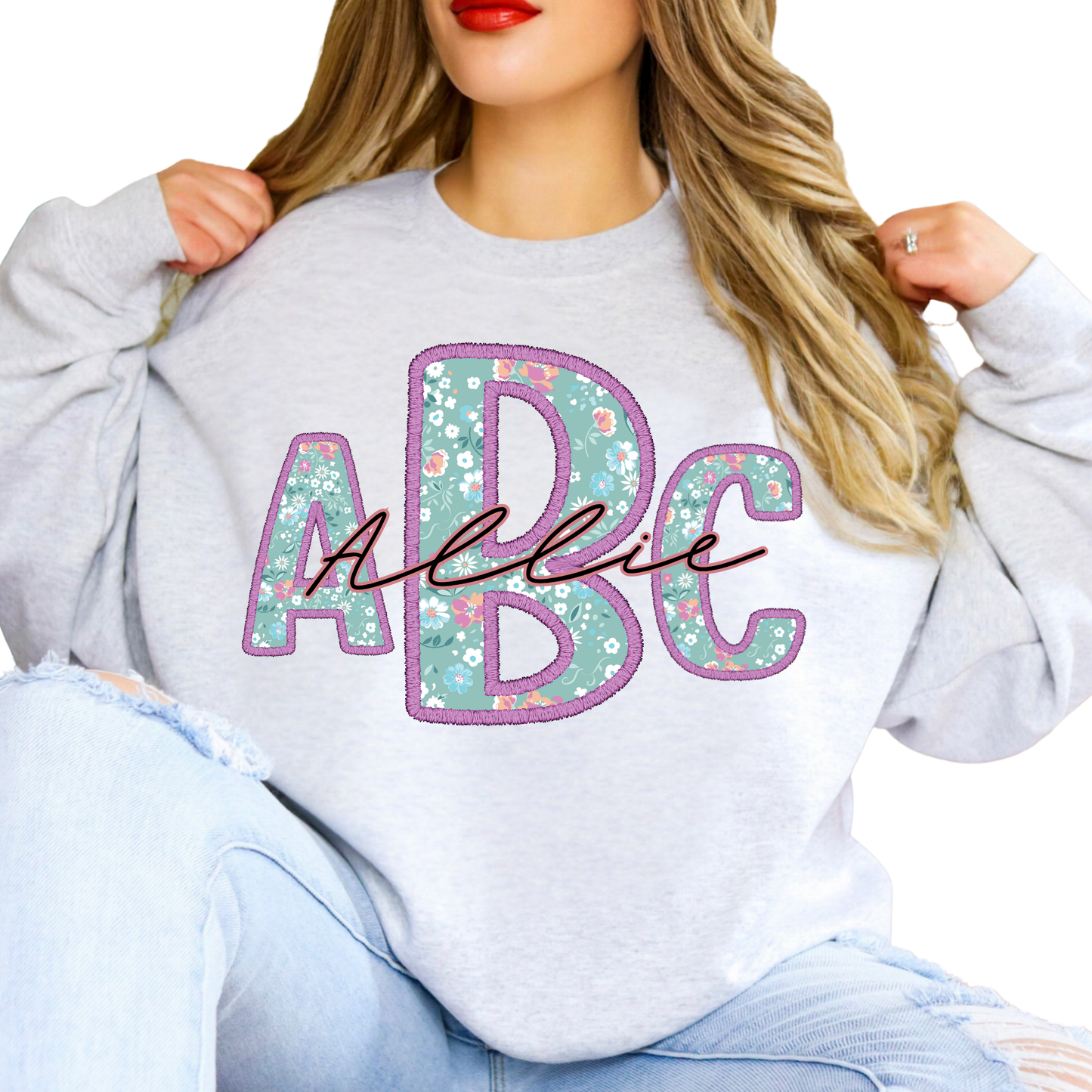 Teal With Pink Flowers  - Custom Monogram Transfer