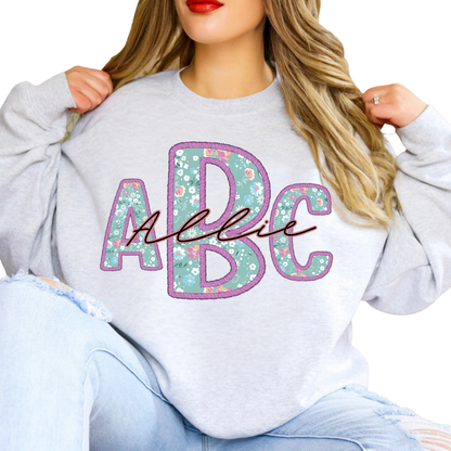 Teal With Pink Flowers  - Custom Monogram Transfer
