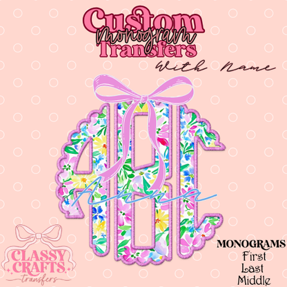 Preppy Pink & Yellow Floral - Custom Monogram Transfer