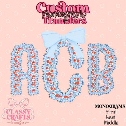 Ruffle Red & Blue Floral - Custom Monogram Transfer
