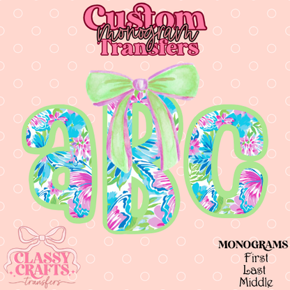 Preppy Pink & Green Floral - Custom Monogram Transfer