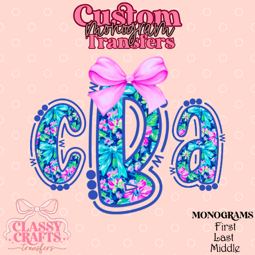 Pink & Blue Preppy Floral - Custom Monogram Transfer
