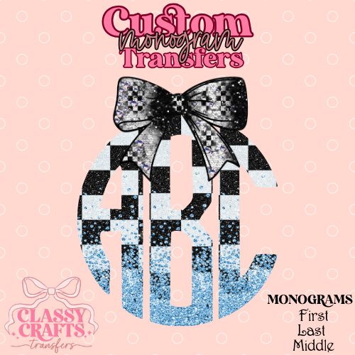 White & Blue Checkered Racing - Custom Monogram Transfer