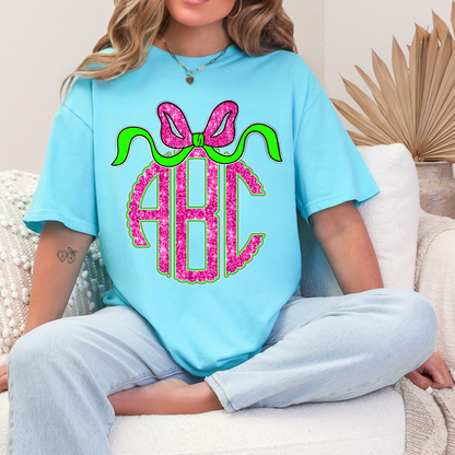 Coquette Hot Pink & Green Glitter - Custom Monogram Transfer