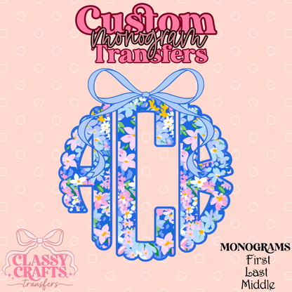 Blue Bow Floral - Custom Monogram Transfer