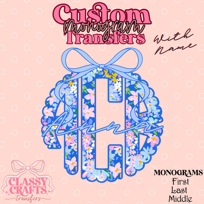 Blue Bow Floral - Custom Monogram Transfer