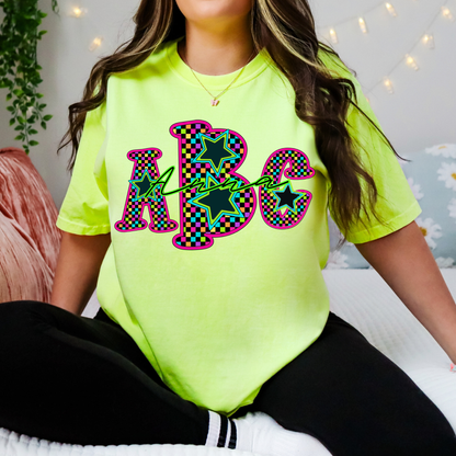 Neon Retro Checkerboard Star  - Custom Monogram Transfer