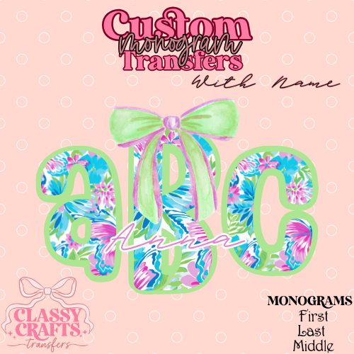 Preppy Pink & Green Floral - Custom Monogram Transfer